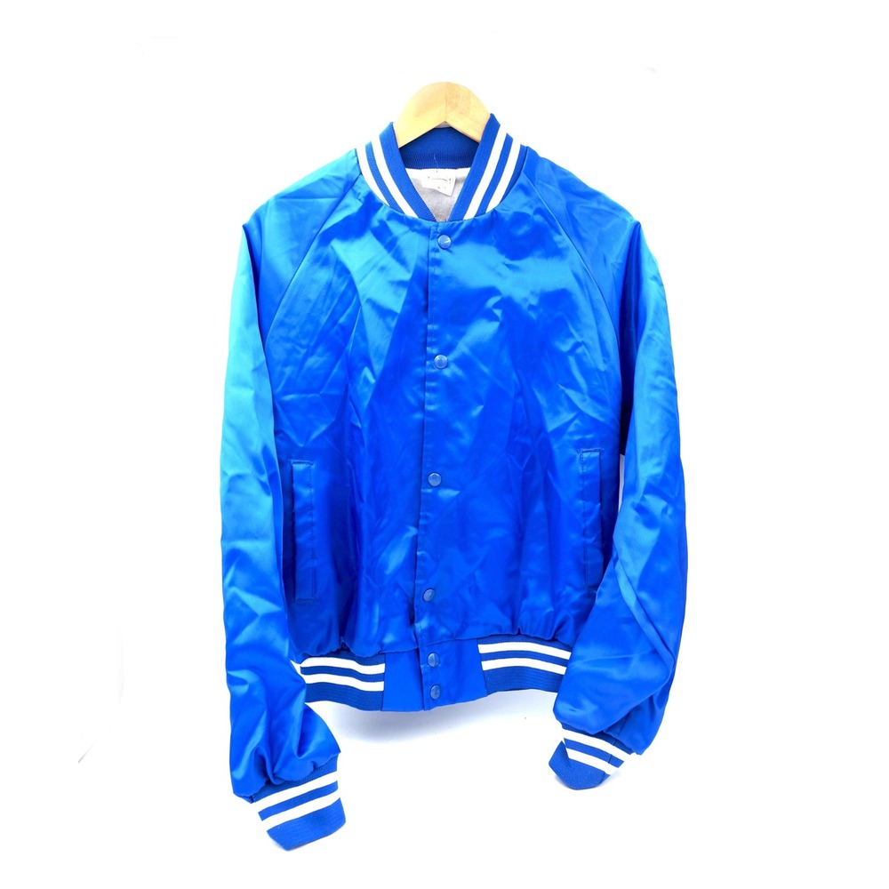 Vtg 80s Chile Satin Bomber Jacket Blue Varsity Windbreaker Flag Back USA Size M